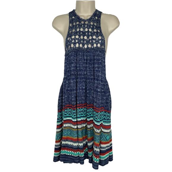 Free People Tops - Free People Women’s Sweater Knit Rare Hearts Striped Blue Swing Tank Top Sz L